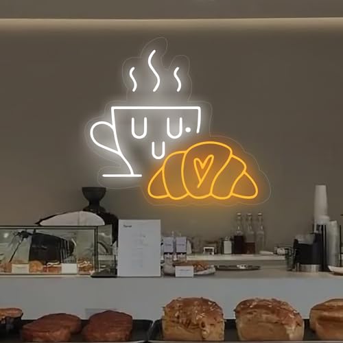 Image of Coffee & Croissant LED Neon Sign,Bakery Shop Bakery Decoration Neon Light coffee Cup Home Bar Wall Decor Croissant Lover Gift For Family Party Bedroom Restaurant Bar Birthday