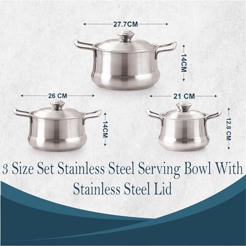COOKWELL Crown Mirror Finish Stainless Steel 6 pcs Serving Bowl - Pot with Lid, (3 Piece Bowl & 3 Piece Lid)