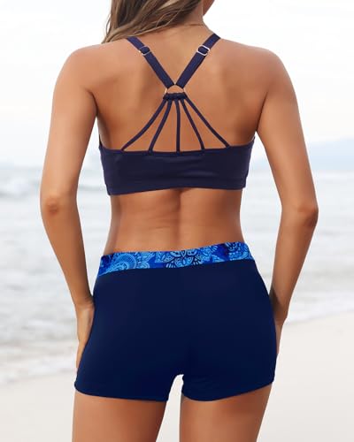 Image of 3 Piece Swimsuits Open Tie Back Tankini Top And Athletic Swim Shorts | Supportive Strappy Swim Bra, Adjustable Straps, Removable Pads, Tummy Control Boyshorts, Quick Dry Fabric, XXS-20 Plus
