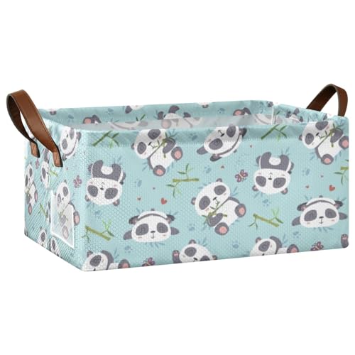 Fygkptb Cute Panda Eating Leaves on Turquoise Seamless Pattern 1 PC Rectangle Foldable Frame Basket Leather Handles Storage Bin for Laundry Bathroom Organizer 16.9 x 11.4 x 7.7 inch