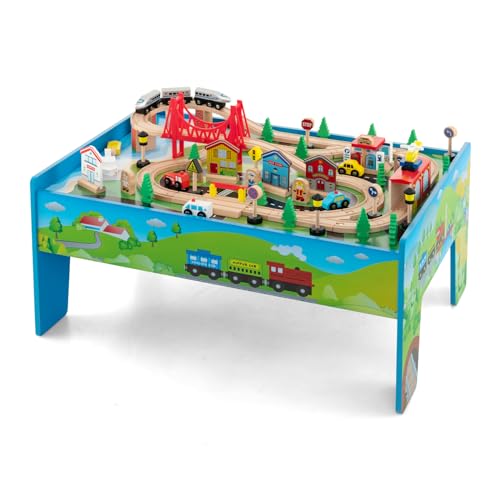 GOPLUS Table Circuit de Train Enfant, Rail de Train Bois 80 Pcs avec Rails, Jouet d'Activités pour Garçons et Filles 3 Ans+, Acessoire Complets Vert