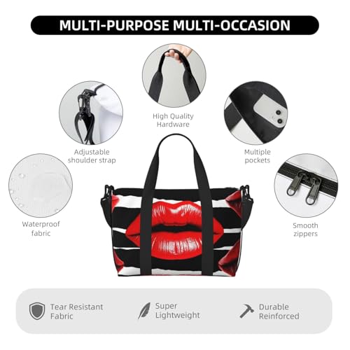 Sports Gym Bag for Women Men Travel Duffel Bag Tote Weekender Bag Carry on Overnight Bag for Travel Swimming Fitness Workout Sports Red Lips Kiss Duffle Bag3
