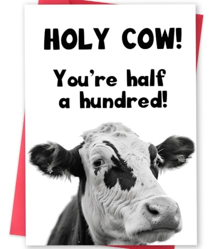 ICOOLYI Funny 50th Birthday Card Gift for Men or Women｜Humorous Holy Cow Greeting Card for Him, Her, Friend – 50 Years Old Party Decorations, Joke Keepsake with Envelope