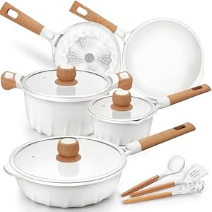 Nonstick Cookware Set Non Toxic 100% PFOA Free Compatible Induction Pots and Pans Sets with Glass Lid 13 Piece (White)