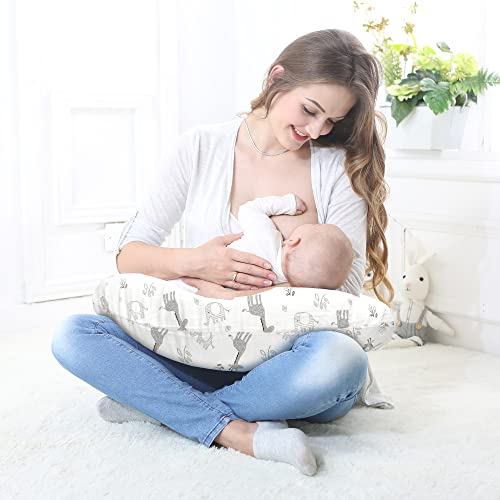 LAT Nursing Pillow for Breastfeeding,100% Cotton Removable Cover,Ergonomic Breast Feeding Pillows for Mom and Baby,Machine Washable(Giraffe & Elephant) - Thumbnail 2