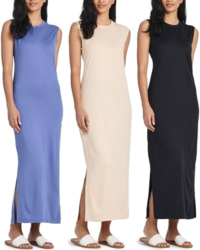 Image of Real Essentials 3 Pack: Women's Maxi Tank Dress | Sleeveless Casual Long Lounge Dress (Plus