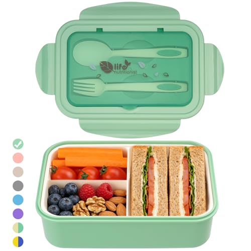 BIBURY Brotdose Lunchbox Erwachsene & Büro 1400ml, auslaufsichere, Große Bento Box mit 3 Fächern & Besteck, mikrowellengeeignet für Schule Arbeit Männer Frauen & Kinder (Grün)