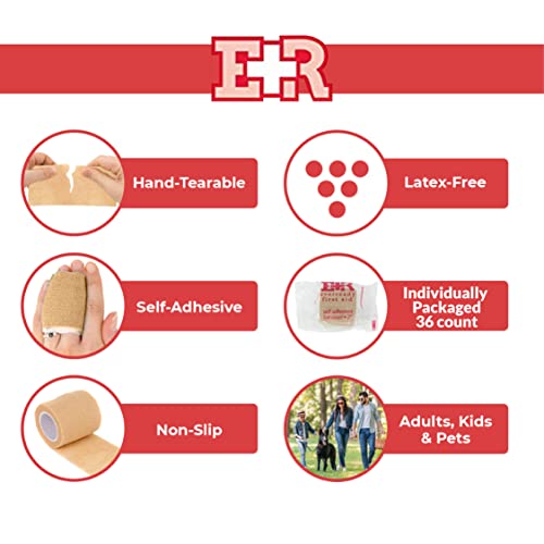 Image of Ever Ready First Aid Self Adherent Cohesive Wrap Bandages, 2 inch x 5 Yards for First Aid, Sprains, Swelling, Sports, Pets, Tan - 36 Count