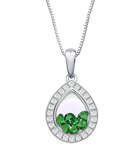 PARIKHS Pear Pendant Floating Green Cubic Zirconia Inside -CZ Border - Sterling Silver