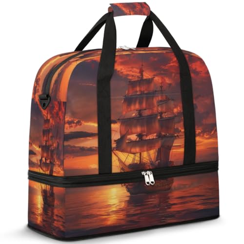 Travel Duffel Bag with Shoe Compartment, Sunrise Sailing Ship Shoulder Weekender Bags for Women, Foldable Waterproof Travel Bag Carry on Bag