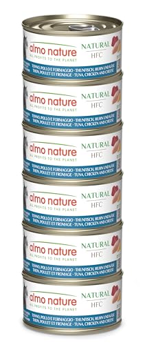 Almo Nature HFC Natural - Wet Cat Food - Tuna, Chicken and Cheese - Human Grade, Gluten Free - 70g, Pack of 6