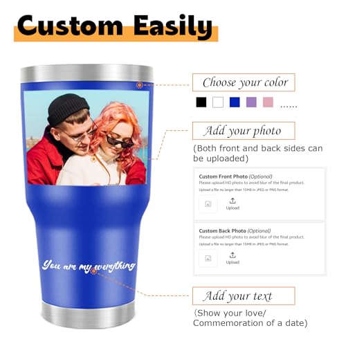 Image of Personalized 30oz Tumbler with Pictures, Custom Insulated Tumblers with Logo, Stainless Steel Travel Coffee Mug, Personalized Gifts for Women Men Birthday Fathers Day Mothers Day