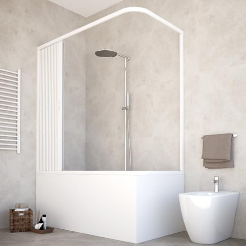 Mampara para bañera, 70 x 160 x 150 cm, modelo Anja, única puerta plegable con apertura lateral reversible, paneles semitransparentes, perfiles de color blanco