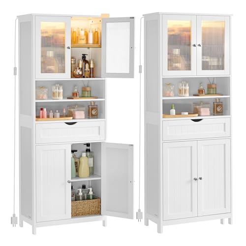 VASAGLE Storage Cabinet with LED Lights, Freestanding Storage Unit with Adjustable Shelves, Drawer, Open Compartments, for Bathroom, Living Room, Kitchen, Cloud White UBBC767WH01S