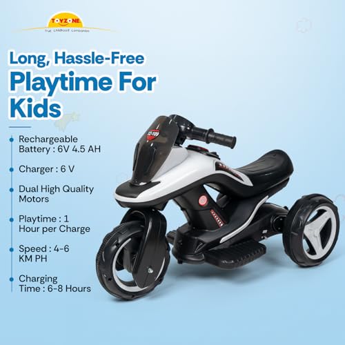 Image of Toyzone Ralph Electric Bike (White) | 6V Rechargeable Bike with 4.5 AH Battery | Music Player with Bluetooth, USB & AUX | 6 Months Battery Warranty | Made in India | for Kids 2-8 Years, Upto 35 Kgs