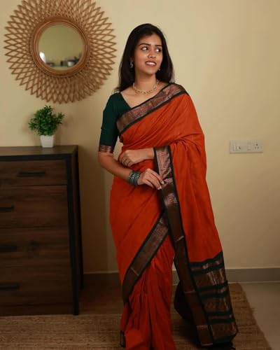 Image of Women's Premium Kanjivaram Cotton Silk Saree South Indian Paithani Sari | Gadwal Cotton Sarees Zari Border with Blouse Piece - Elegant Wedding & Festival Saree | Lightweight & Comfortable Orange 01