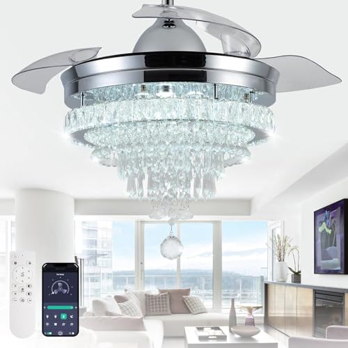 LEONTYNE 42" Crystal Ceiling Fan with Light and Remote,Dimmable LED Fan Lamp,Retractable Invisible Blades, 6 Speeds, Memory Function, Timer Chandelier Fan Light for Bedroom Living Room Dining Room