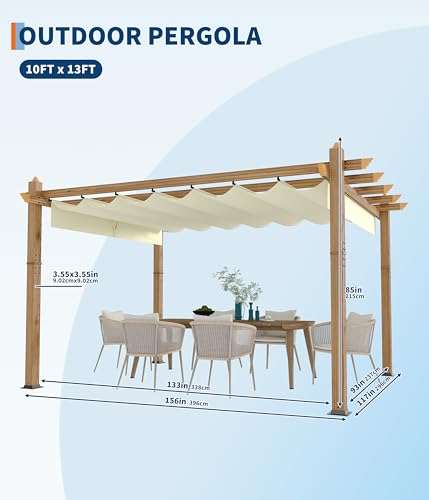 10 x 13 Ft Wood-Grain Aluminum Pergola Outdoor Pergola with Retractable Canopy Sun Shade Shelter for Garden, Patio, Backyard, Deck - Beige