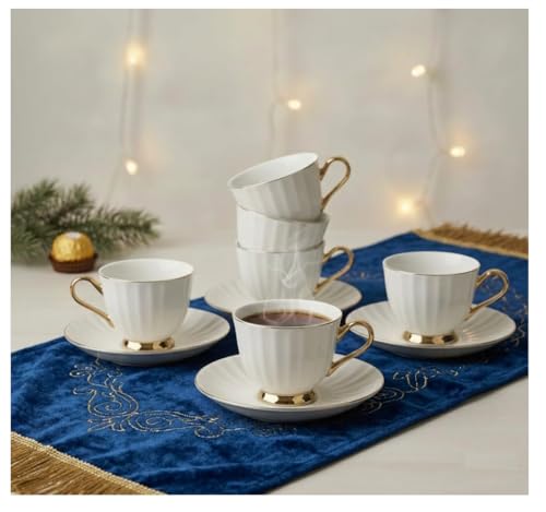 Image of Kitchen Tea Cups and Saucers Set of 6 (180 Ml), Porcelain White Tea Cup Set with Golden Trim, Dishwasher Safe for Tea Milk & Coffee Chai, Teacup Set