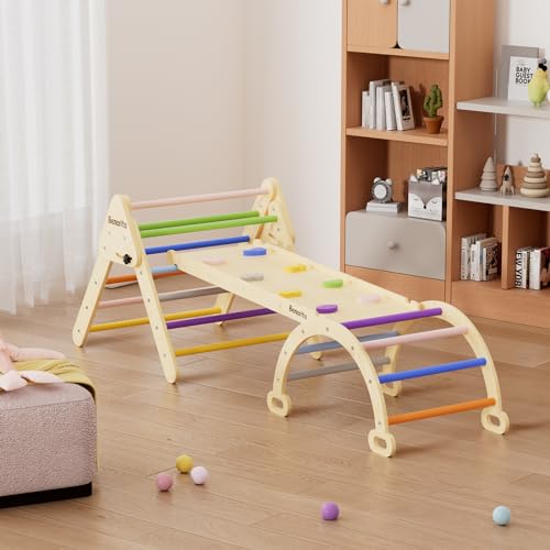 BenaRita Kleinkind-Klettergerüst für den Innenbereich, Regenbogen-Klettergerüst aus Holz, Faltbare dreieckige Kletterleiter mit Schieberampe und Bogen, Montessori-Kletterspielzeug