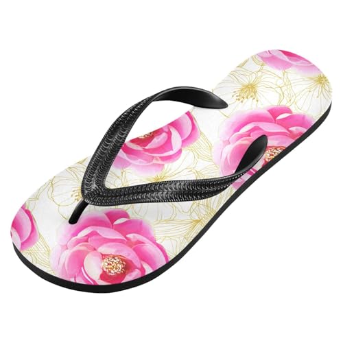 Pink Flower Golden Flip Flops for Beach Thong Sandals Anti-slip Lightweight Shower Shoes for Summer Outdoor Travel2