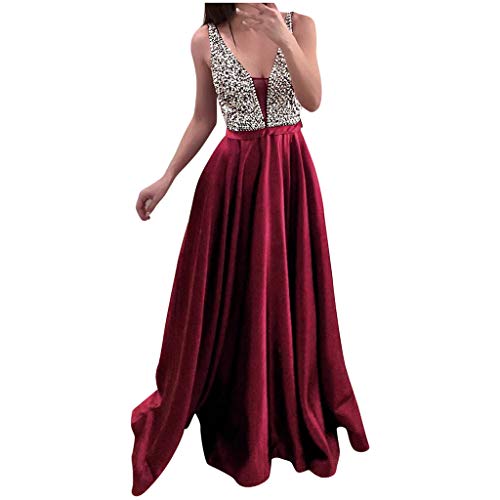 Maxi Formal Dress for Women's Prom Dresses 2022 Sequined Evening Dress with Sleeveless Ball Gown V Neck Party Dresses Wine