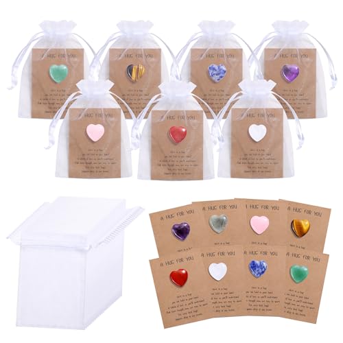 GEHECRST 24PCS Heart Pocket Hug Token with Gift Cards Natural Healing Crystals Gemstones Bulk Polished Worry Stone Meditation Balancing Inspirational Gifts for Women