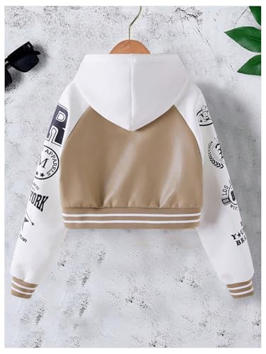 Floerns Girl's Leather Patchwork Hooded Bomber Jacket Letter Graphic Button Down Outerwear2