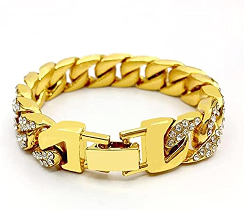 Foaume Fashion Cool Cuban Chain Bracelet Heavy Duty Bracelet Gold Light Bracelet Men Women Hip Hop Bracelet Gold Chain Bracelet 18K Gold Plated Bracelet With Clear Rhinestones #TOP1