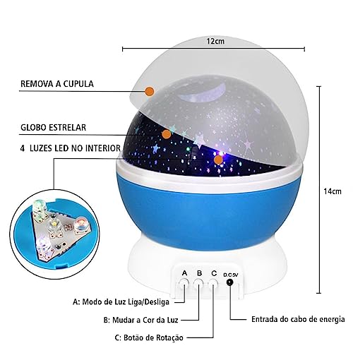 Luminária Abajur Infantil Projetor Estrelas Globo Giratório - AZUL