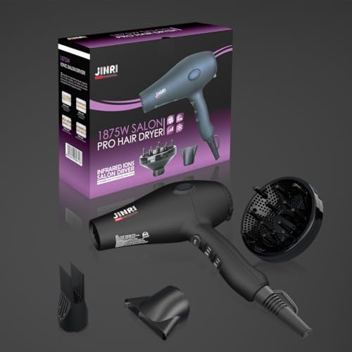 JINRI Hair Dryer, 1875W, 3 Heat & 2 Speed, with Diffuser, with Concentrator, Detachable Air Intake, Ionic Technology & Infrared - Black, Hanging Strap, Non-Foldable JR-108 — view 5