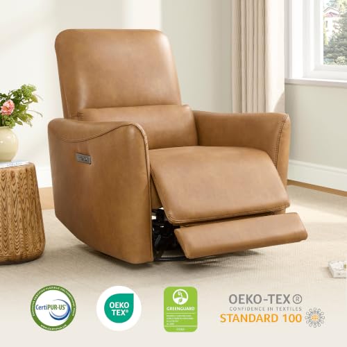 Image of CHITA Power Swivel Glider Recliner Chair, Tall-Wide, Cognac Brown | FSC Certified Upholstery Rocking Chair, Lumbar Support,Faux Leather Reclining Chair for Living Room / Nursery
