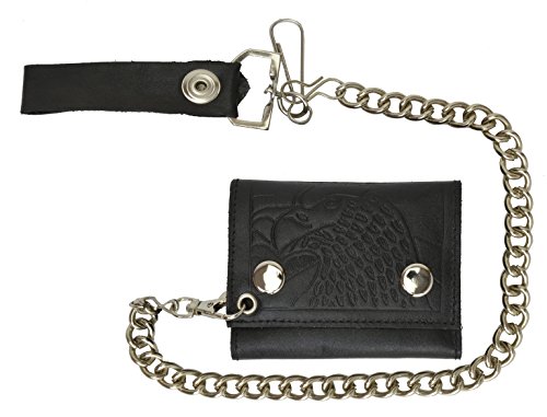 MARSHAL Black Genuine Leather Biker's Tri-fold Wallet with Eagle Design and Chain