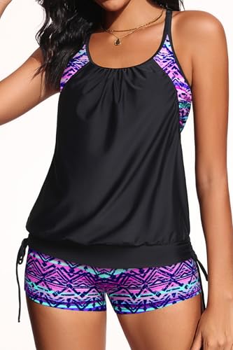 Image of Holipick Blouson Tankini Swimsuits for Women - Two Piece Tummy Control Bathing Suit with Shorts Modest Swimwear