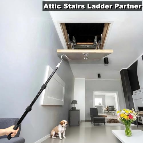 Image of Extendable Attic Pull Down Hook, Ladder Door Stairs Puller System Kit Rod Pole, Replacement for Ropes Cord String with Stainless Steel Ring Handle