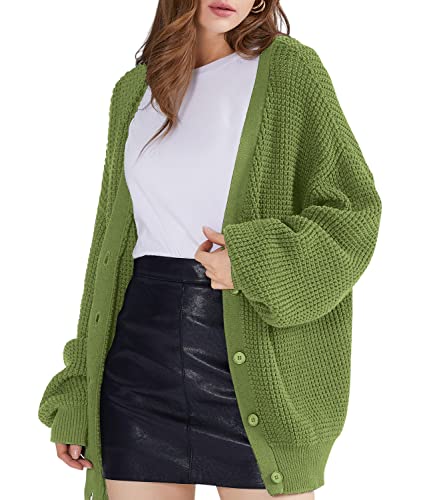 Image of QUALFORT Women's Oversized 100% Cotton Cardigan Sweater | Long Sleeve V Neck Button Down Open Front Knit Outerwear