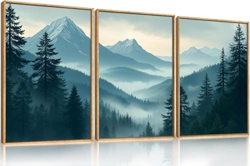 Toile forêt de montagne brumeuse décoration murale nature pins tableau salon triptyque cadre