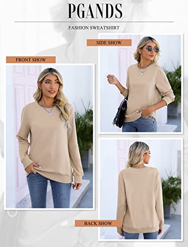 Pgands Women's Cute Crew Neck Sweatshirts Long Sleeve Tunic Tops Loose Casual Pullover Tops A- Khaki #TOP4