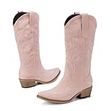 Shofrindy Pink Cowboy Boots for Women Light-Pink Western Cowgirl Boot Comfortable Chunky Heel Wide Calf and Pointed Toe Tall Boot Cute Concert Outfit Size 8