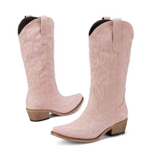 Women's Cowboy Boots Pink Wide Calf Boots Western Cowgirl Boots with Pointy Toe Tall Boots with Chunky Heel Cute Embroidered Long Boots for Concert Outfit