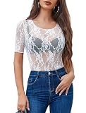 Avidlove Short Sleeve Mesh Tops for Women Crew Neck Lace Floral Sheer Tops See Through Tee Shirt Blouse White Medium