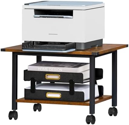2-Tier Printer Table With Charging Station For Home Office Organization - Small Stand With Wheels For Scanner, Under Or Beside Desk Storage Cart - Rustic Brown - View #5
