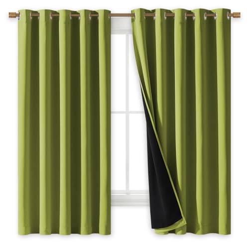 Image of NICETOWN 100% Blackout Lined Curtains, Fresh Green, 1 Pair, 62 inch Width x 63 inch Length Each Panel, 2 Thick Layers Completely Blackout Window Treatment Thermal Insulated Drapes for Kitchen /Bedroom