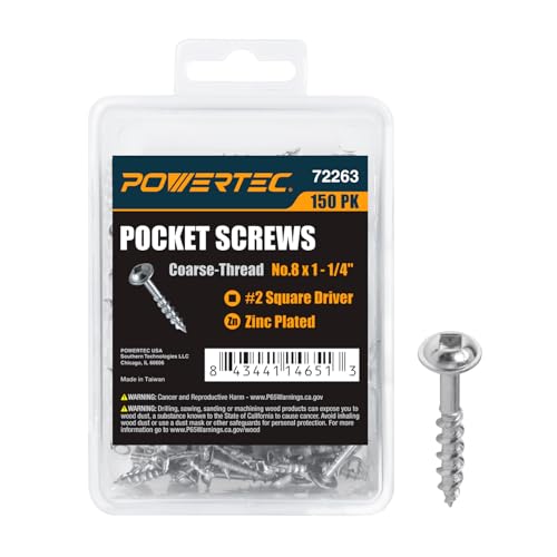 Image of POWERTEC 150 PK Pocket Hole Screws, Maxi-Loc Head, #2 Square Drive, 1-1 /4 inch Fine Thread for Pocket Hole Jig, Cabinets, MDF, Plywood & Softwood (72263)
