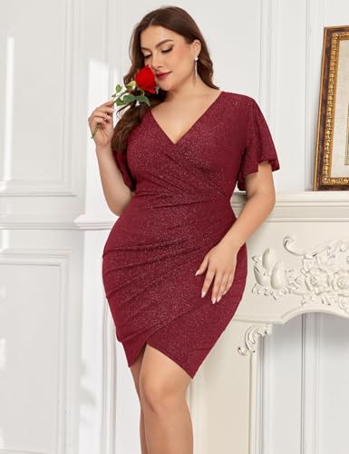 Image of ZOMVA Plus Size 0X-4X Sparkly Glitter Ruched Bodycon Mini Dress Sparkle Sequin Wrap Ruffle Sleeve Dress Cocktail Party Formal
