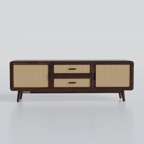 Image of DRIFTINGWOOD Amber Solid Sheesham Wood Modern Rattan TV Console for Upto 65 Inch TV, Boho Entertainment Center with 4 Storage Compartments (2 Drawers, 2 Cabinets), Walnut Finish