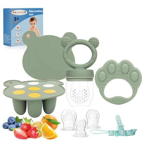 Image of Baby Breastmilk Popsicle Molds & Baby Fruit Feeder (3 Pack), WAJIAYON Infant Food Freezer Tray Storage Containers, Silicone Teething Pacifier Feeder and Teether for Babies(Green)