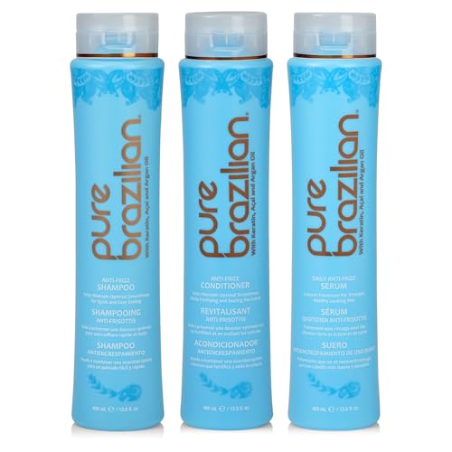 Pure Brazilian Anti-Frizz 3-Piece Kit: Hydrating Shampoo, Nourishing Conditioner & Restorative Serum, Enriched with Keratin and Argan Oil for Smooth, Silky Hair - Complete Haircare Set