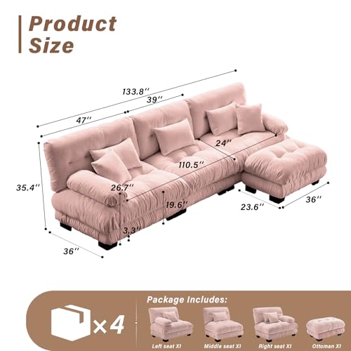 Image of SoarFlash Sectional Sofas Couches for Living Room, L Shaped Couch Sofa Set, Small Couches for Small Spaces, Apartment with Movable Ottoman, Pink