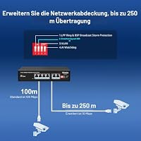 6-Port PoE Switch mit 4 PoE Ports, VIMIN 4-Port Unmanaged 10/100Mbit/s Netzwerk PoE Switch mit 2 Uplink Ports, AI Wachhund, VLAN, Erweiterung auf 250 m, Unterstützung von IEEE802.3af/at, 72 W – Ansicht 5